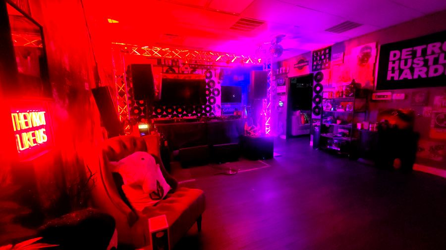 Lobby glowing red after dark