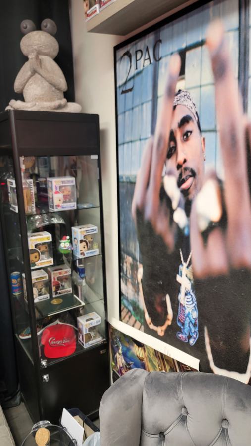 2Pac canvas beside a collectibles case