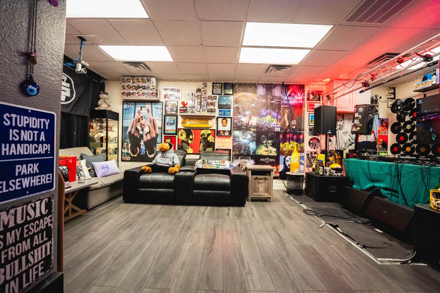Leather lounge seating surrounded by memorabilia