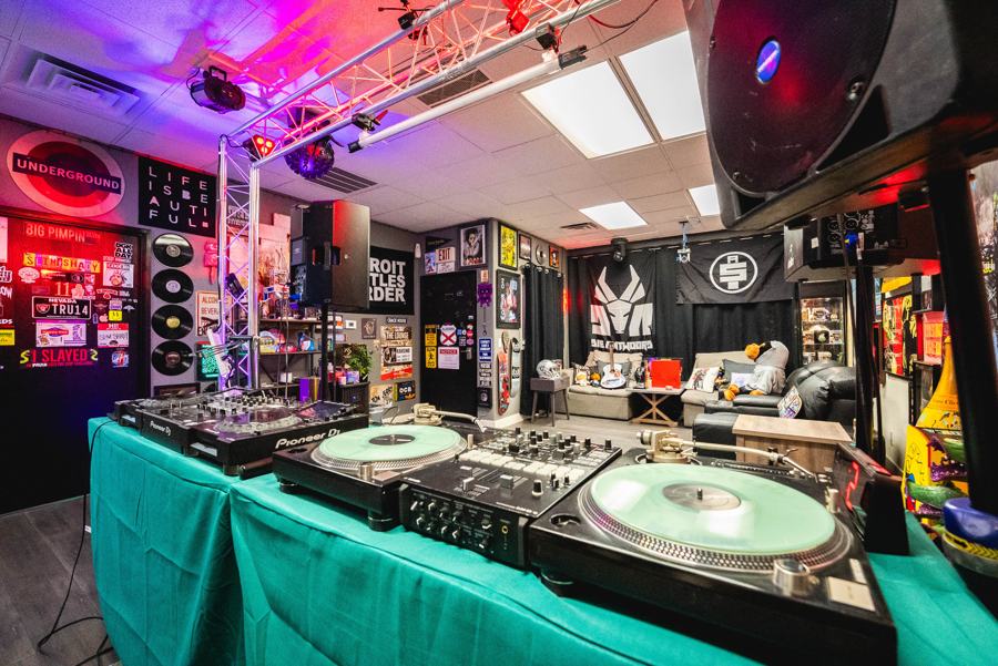 DJ booth with turntables in the main lobby